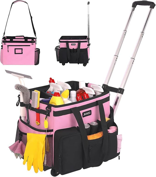 large, rolling cleaning caddy bag with a detachable trolley (especially pink):