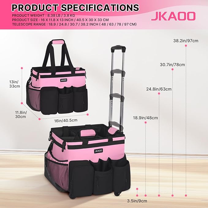 large, rolling cleaning caddy bag with a detachable trolley (especially pink):